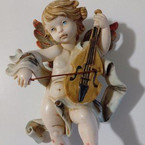 Vintage Fontanini Style Italian Cherub Angels Wall Hangings Holding Violin